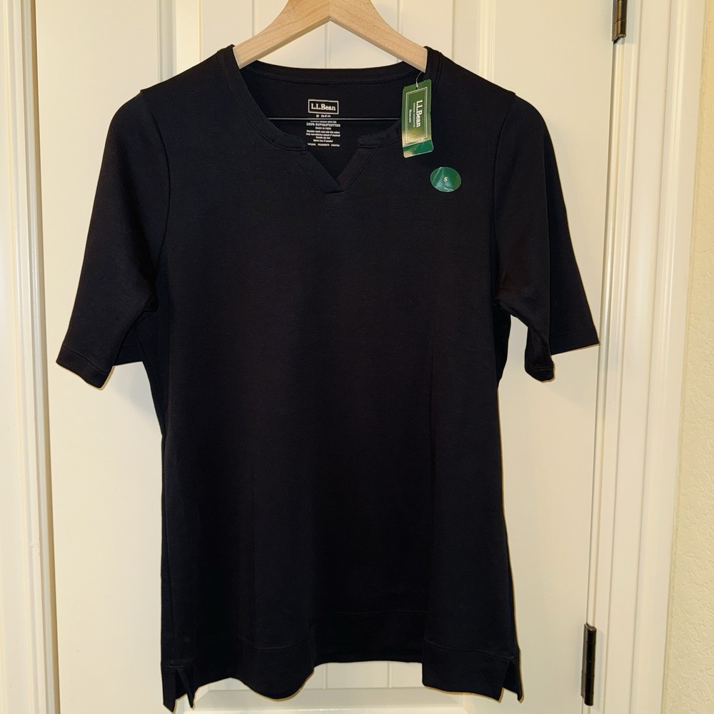 NWT L. L. Bean Women's Pima Cotton Notch Neck Elbow Sleeve Tunic Black Shirt S